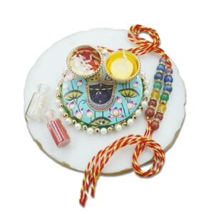 Divine Rakhi Thali Set with Designer Rakhis – Includes Rice, Roli, Candle & Spiritual Plate