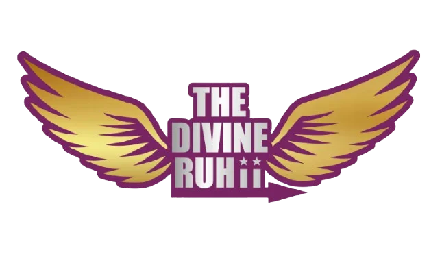 Logo of The Divine Ruhii with golden and purple wings, representing spiritual transformation and divine energy