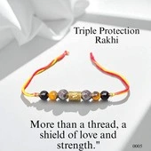 Triple Protection Rakhi with tiger eye, black tourmaline, and hematite beads for strength and love.